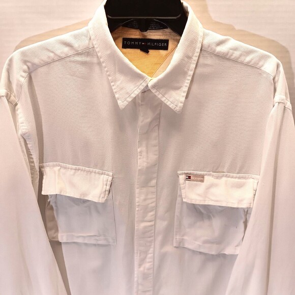 Vtg Tommy Hilfiger Shirt Men L  White Button Up Long Sleeve Pockets Preppy Y2K - Picture 4 of 12